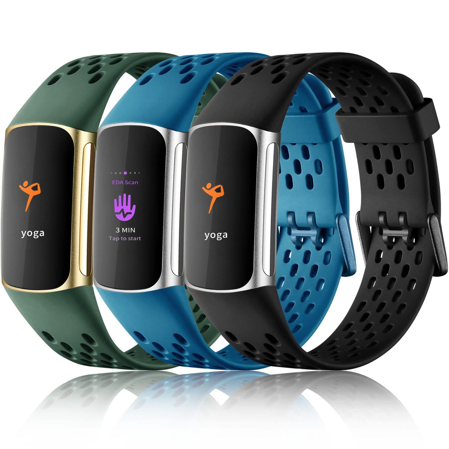Maledan Compatible with Fitbit Charge 5/ Charge 6 Bands Men Women, 3 Pack Sport Band Soft Waterproof Replacement Wristbands Breathable Strap for Fitbit Charge 5/ Charge 6, Black/Slate Blue/Green