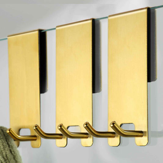 Taozun Towel Hooks for Bathrooms - Over Shower Door Hooks for Towels on Frameless Glass, Gold Stainless Steel, 3-Pack