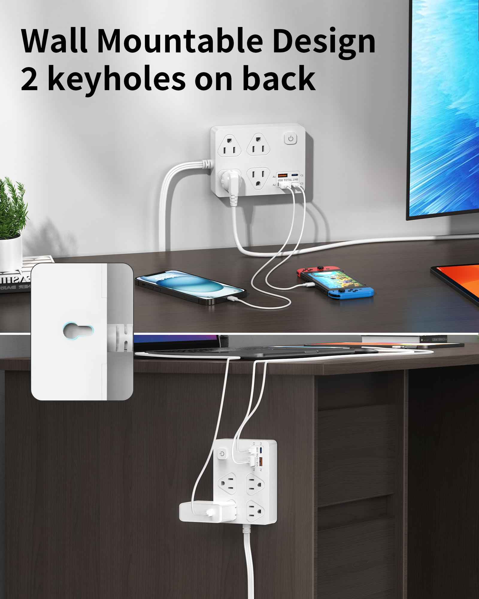 VPSUN Power Strip Surge Protector with 20W USB C Ports,6Ft Flat Plug Extension Cord Wall Mount 4 Outlets Extender,Fast USB Charging Station 1080J (White)