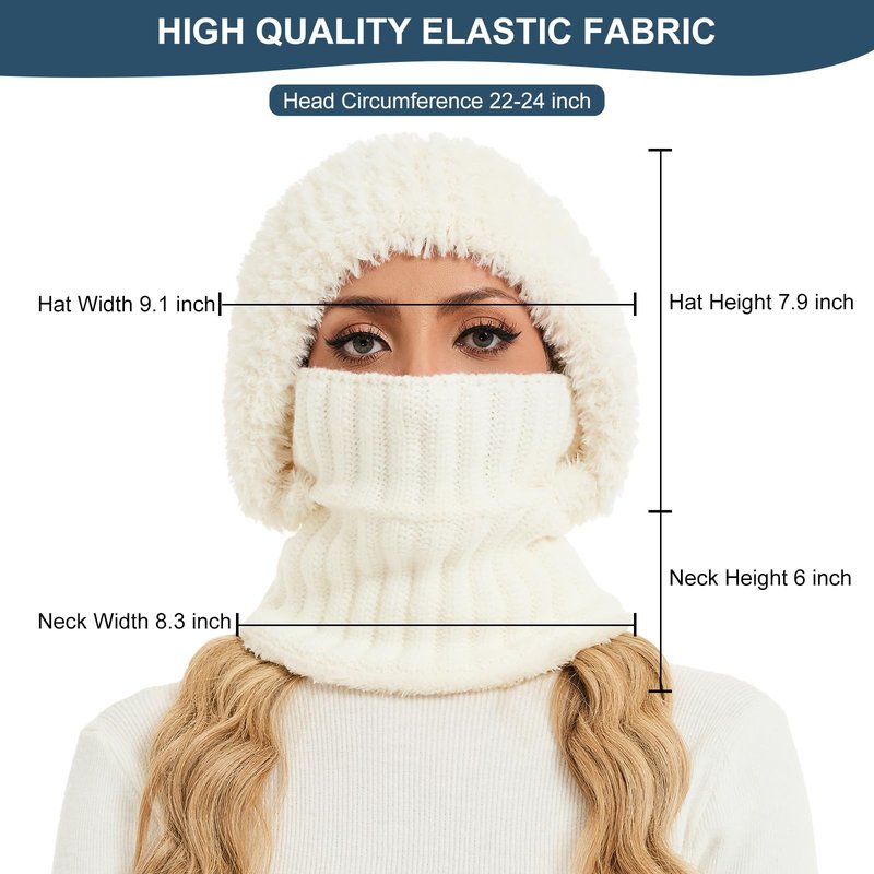 Sumolux 3 in 1 Beanie Hats for Women Fleece Lined Scarf and Mask Outdoors Windproof Knitted Ski Mask Set White