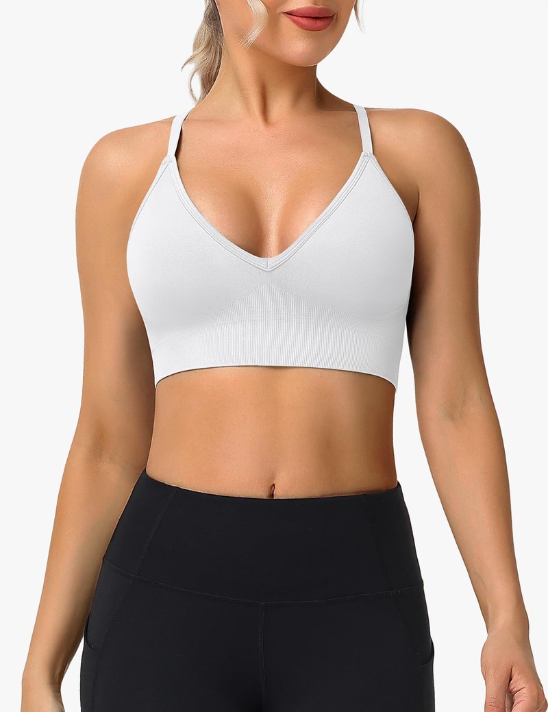 WANAYOU Sports Bras for Women, V Neck Adjustable Spaghetti Strap Criss Cross Sports Bra Padded Low Impact Wireless Seamless Sexy Bralettes for Athletic 3 Pack Black White Blue Large
