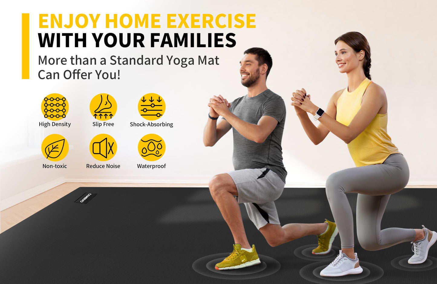 CAMBIVO Large Exercise Mat for Home Gym, 8'x6'/7'x5'/6'x4' (7mm) High-Density PVC Extra Thick Workout Mat, Non-Slip Shoe-Friendly Gym Flooring Mat for Jump Rope, Weights, Cardio, Garage & Home Workout (Ink Black)