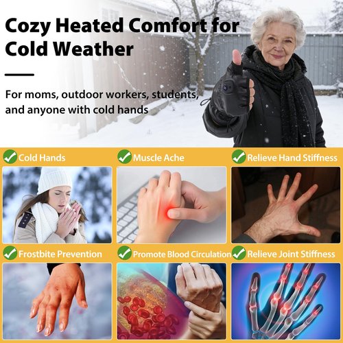 Heated Gloves for Women, Rechargeable Washable PU Leather Electric Heated Warm Winter Gloves for Motorcycle Skiing Bike Hunting Camping - Fingerless Glove for Cold Weather Arthritis Hands, Black