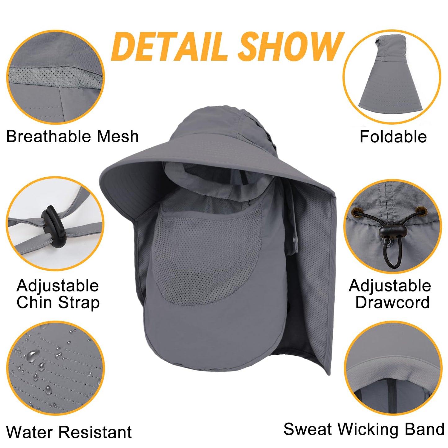 Sun Hats for Men Women Detachable Face Cover Wide Brim Fishing Hats with Neck Flap UPF 50+ Outdoor Safari Hats Dark Grey
