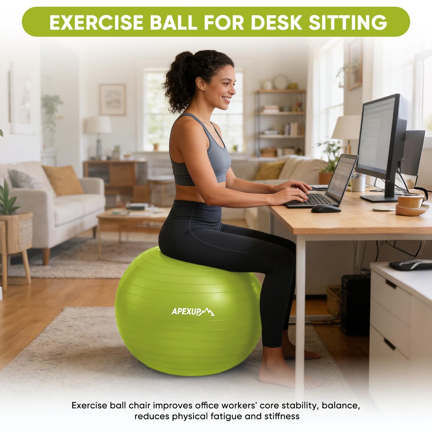 APEXUP Yoga Ball, 660 lbs Anti-Burst Exercise Ball with Pump, 5 Sizes (L (23"~26") 65cm, Green)