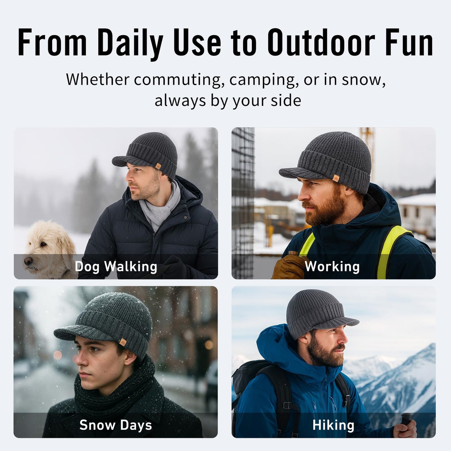 TOP-EX Dryknit Waterproof Merino Wool Mens Winter Ski Beanie Hat with Brim Fleece Lined Thermal Knit Cap for Hiking & Cold Weather Black M/L