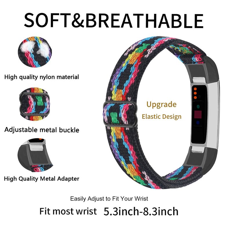 Adjustable Elastic Nylon Bands Compatible with Fitbit Alta and Alta HR Fitness Tracker, 2 Pack Braided Stretchy Wristband Accessory Bracelet Watch Strap Sport Replacement Band for Women Men (Colorful
