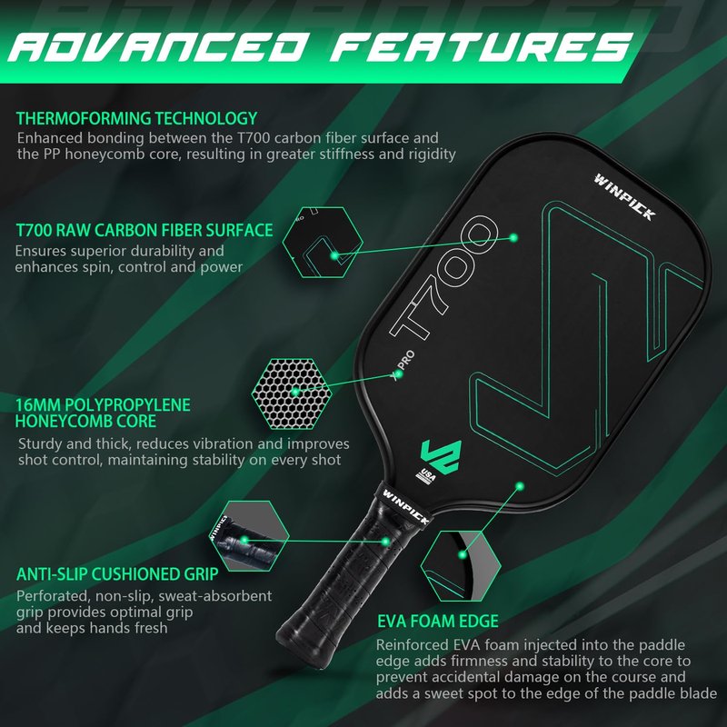 WINPICK Carbon Fiber Pickleball Paddle, T700 Raw Carbon Fiber Pickleball Racket, Thermoformed Pickleball Paddle for More Control & Power, 16 MM PP Honeycomb Core, Non Slip Comfort Grip USAPA Approved