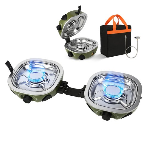 INFOOD Propane Camping Stove 20,000 BTU - Portable 2 Burner Gas Stove with Adjustable Flame Control, Piezo Ignition, Carry Bag & Propane Adapter Hose, Folding Design for Camp, BBQ, Tailgating, Green
