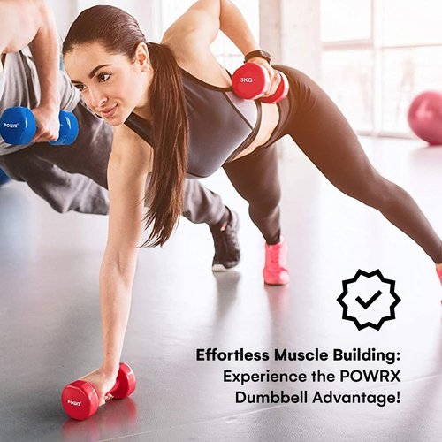 POWRX Vinyl Dumbbell Sets 0.5kg - 10kg | 1lbs-22lbs - Ideal hand weights sets for women, 6.9" long and 1.4 inches in diameter, 2 x 3 kg, Red
