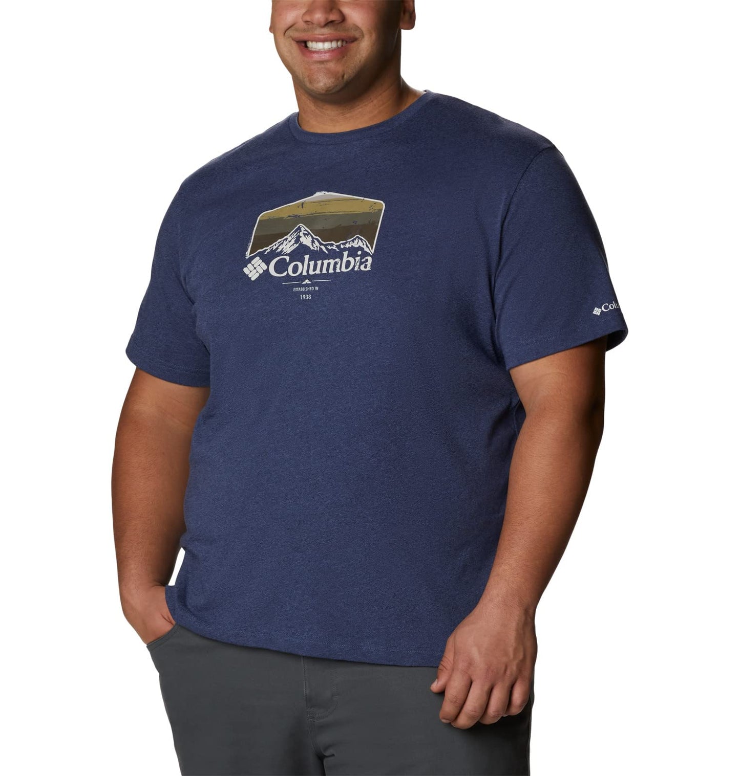 Columbia Men's Thistletown Hills Graphic Short Sleeve, Dark Mountain Heather/Hikers Graphic, 4X Big