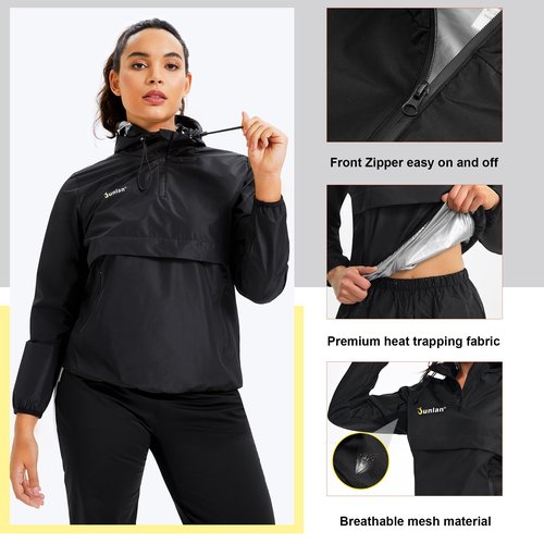 Junlan Sauna Suit for Women Sweat Jacket Gym Workout Vest Sweat Suits for Women (A.Black Tops Only,Large)
