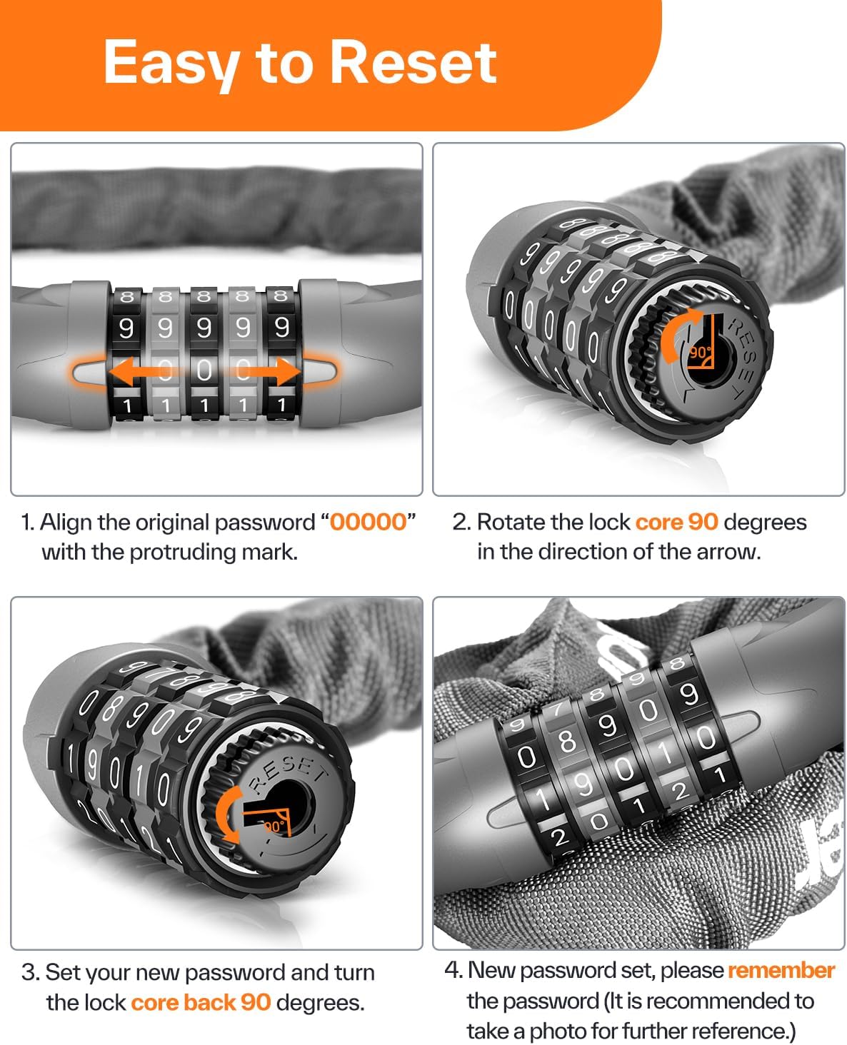 Sportneer Bike Lock - High Security 5-Digit Combination Chain Lock | Heavy Duty Keyless Design - 3.2/3.6/4ft