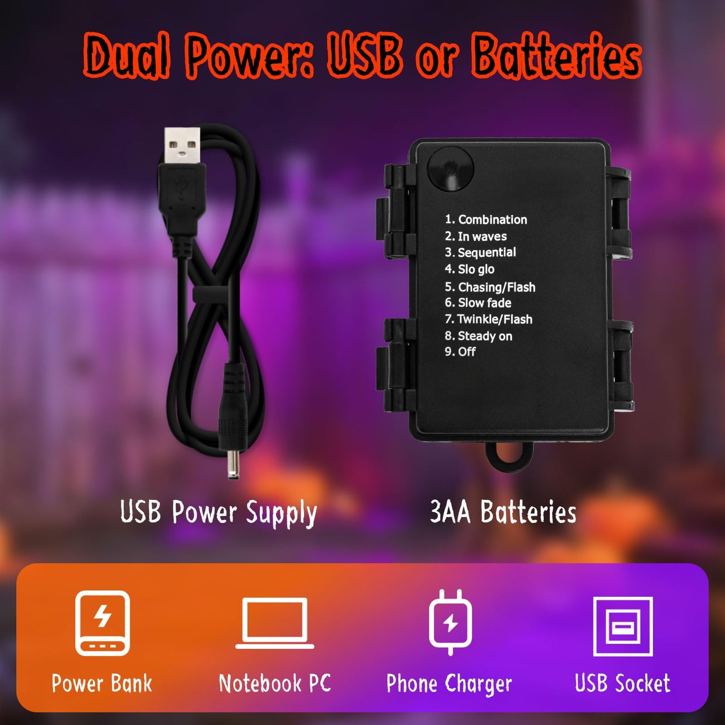 cshare Halloween Lights Battery Operated or USB, Creepy Cloth String Lights with Timer Waterproof 9.8ft 30LED Orange and Purple String Lights Halloween Decortions for Fireplace Window Door Mirror