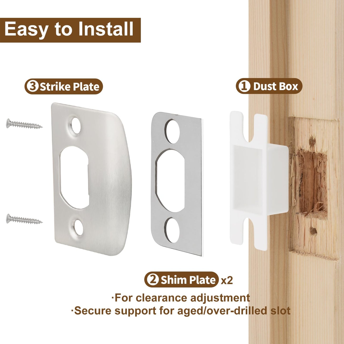 MOSECYOU Standard Door Restorer Strike Plates with Shims, Repair Kits to Fix Door won’t Latch in, Universal Latch Striker Catcher Replacement (2pack, Satin Nickel)