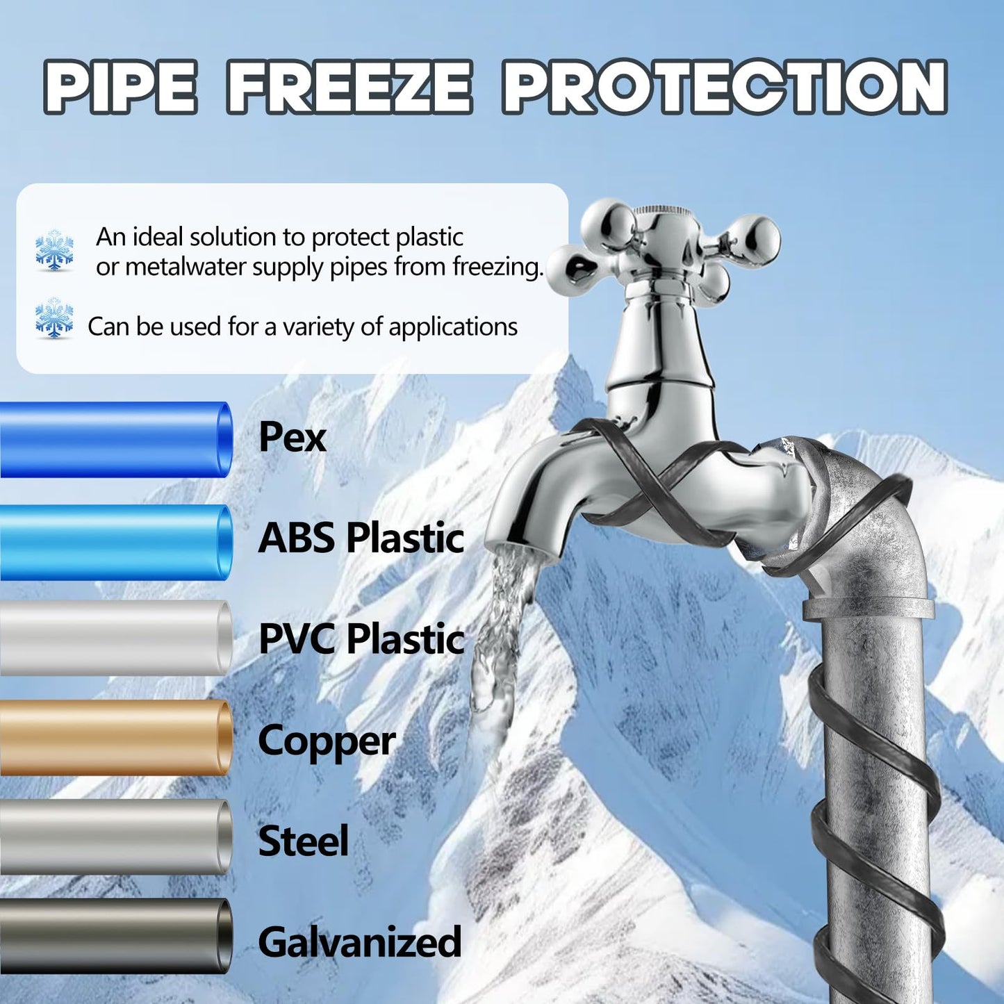 3FT~200FT Heat Tape for Water Pipes, -40°F Deicing Heating Cable, Freeze Protected Water Pipe Heating Cable, Heated Water Hose, Plumbing Fixtures, 120V 5W/ft（100FT）