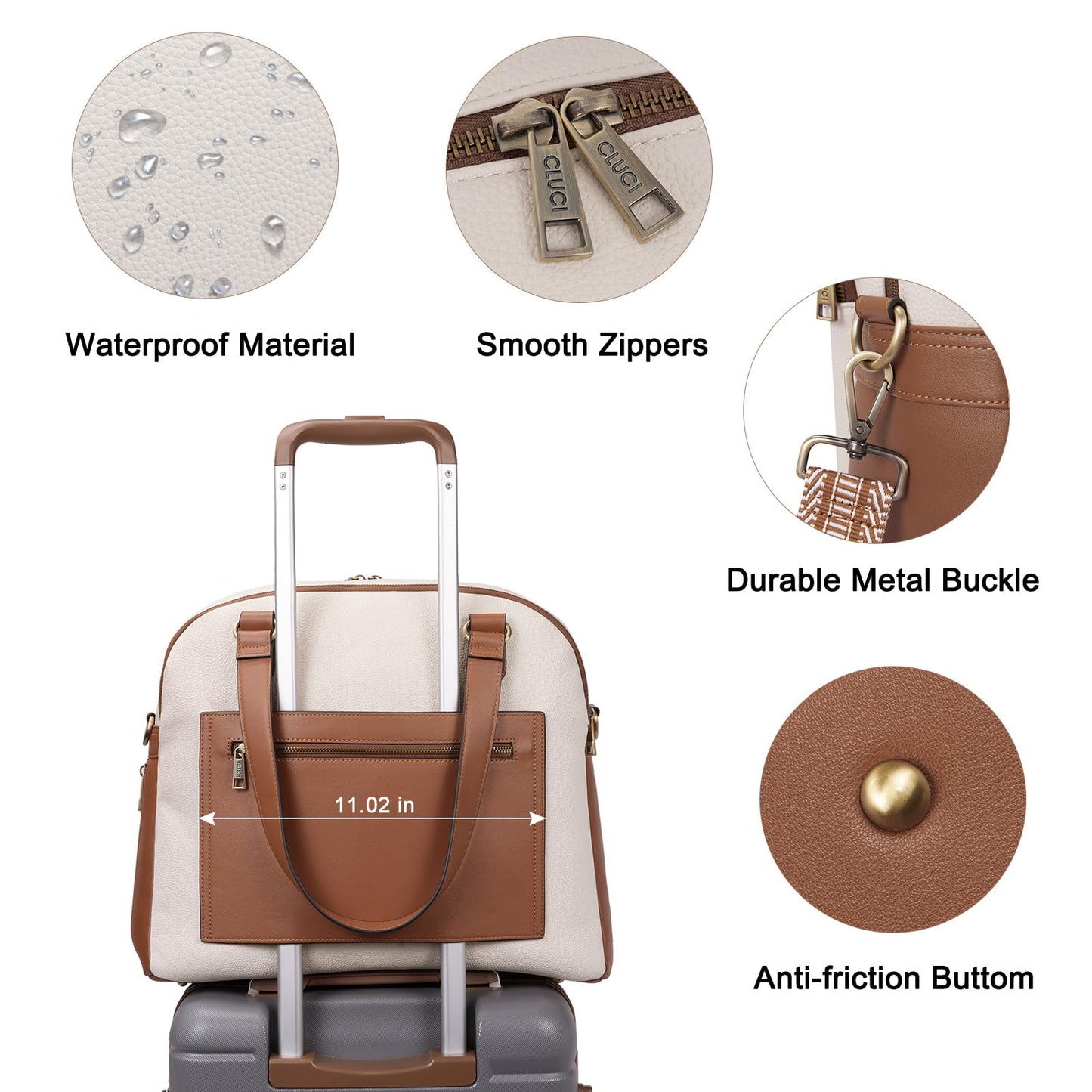 CLUCI Weekender Bag for Women Leather Large Overnight Travel Duffel Bag with Shoe Compartment Beige with Brown