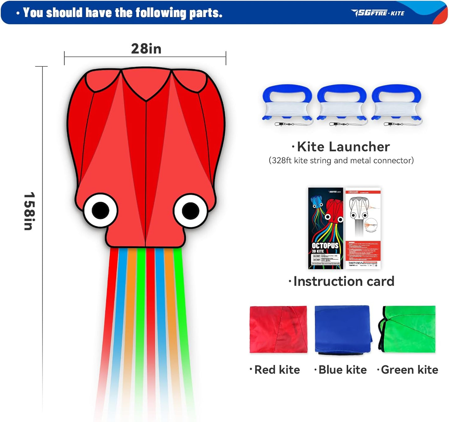 SGftre Octopus Kites - Easy to Fly 3-Piece Set for Kids & Adults | Colorful Red, Blue & Green