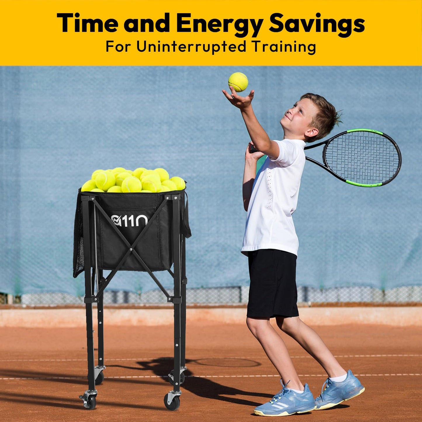 A11N Pickleball Tennis Ball Hopper - Sturdy Large Capacity Tennis Ball Basket Holds 120 Balls, Upgraded Pickleball Caddy Practice Equipment/Multifunction Pockets and Wheels for Training/Teaching