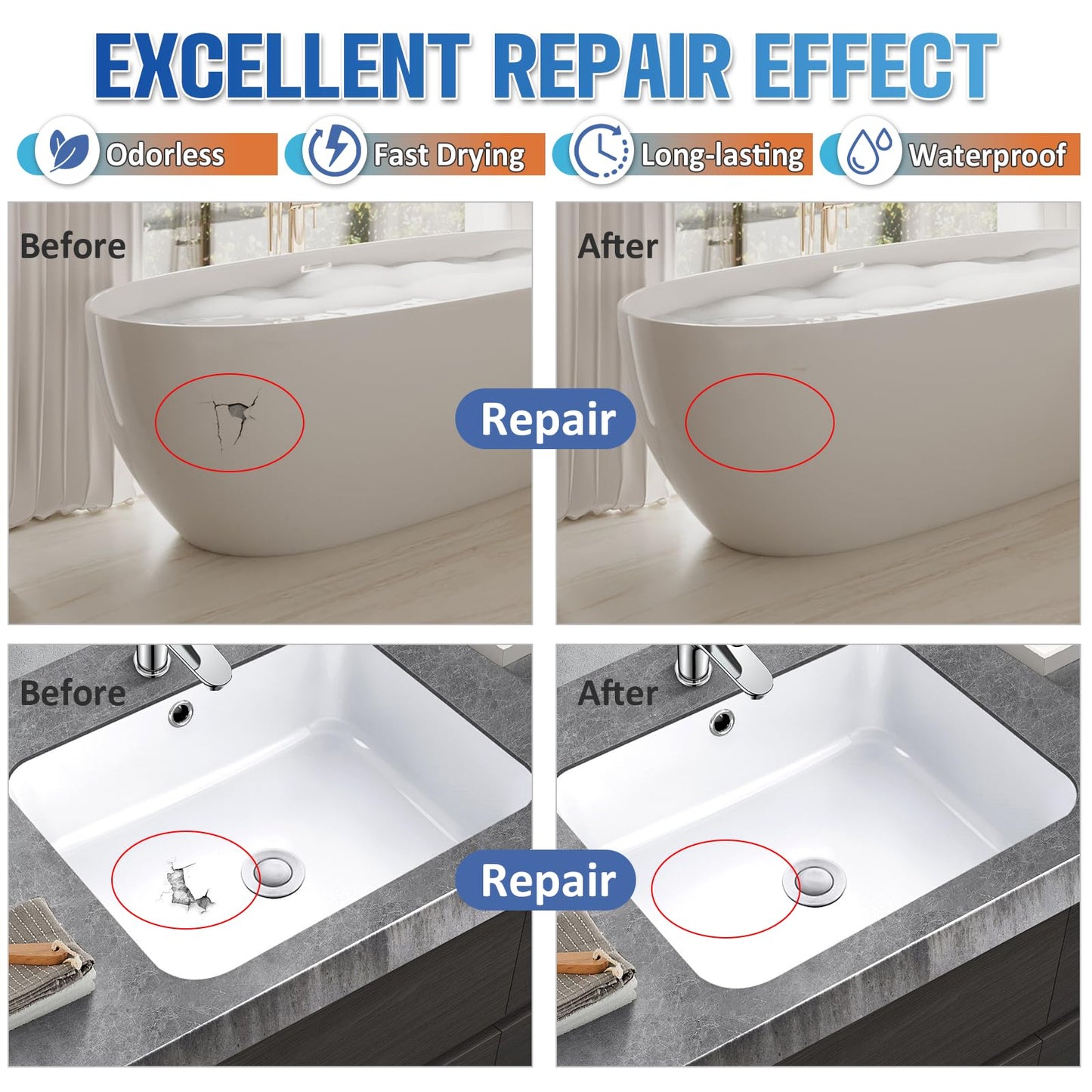 Porcelain Repair Kit, Quadence Waterproof Fiberglass Tub Repair Kit for Porcelain, Enamel, Fiberglass, Acrylic, Ceramic, Fix Chips, Crack, Scratches, Rust, Holes on Tubs, Toilet, Sink, Color Match