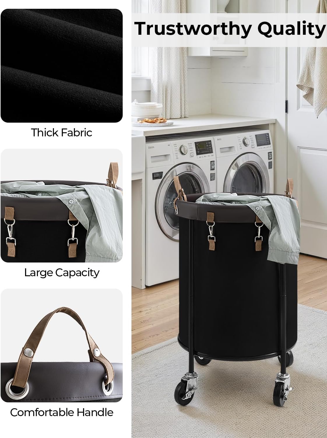 StorageWorks Rolling Laundry Basket - 110L Clothes Hamper with Wheels & Steel Frame - Black