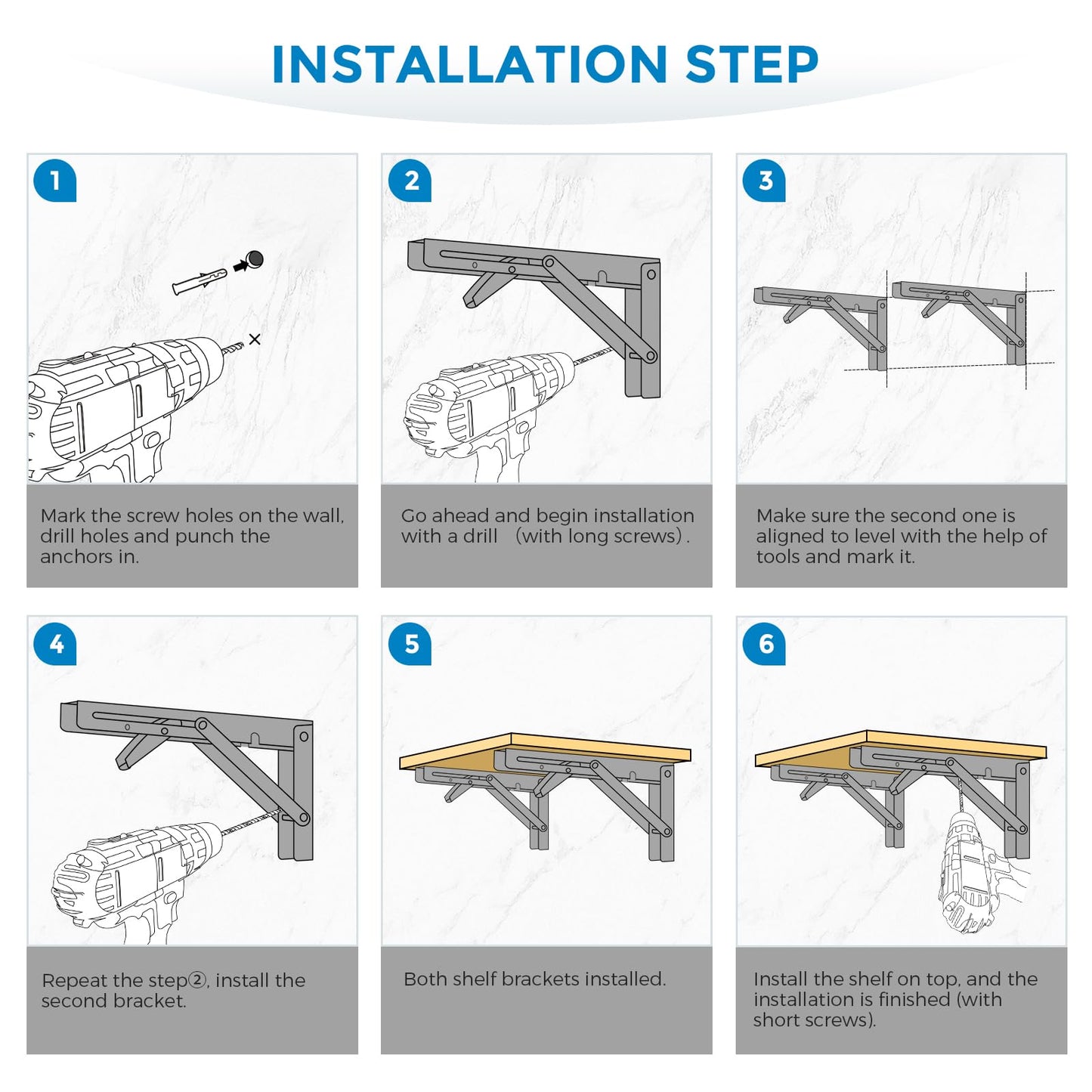 Home Expert 6 Inch Folding Shelf Brackets, 2 Pack (1 Pairs) Heavy Duty Metal Collapsible Wall-Mounted Brackets, Space-Saving DIY Foldable Shelf for Benches and Tables, Matte Black