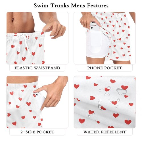 QUGRL Men's Casual Workout Shorts with Elastic Waistband Red Hearts White Mens Training Gym Drawstring Shorts Summer Medium, Valentine's Day