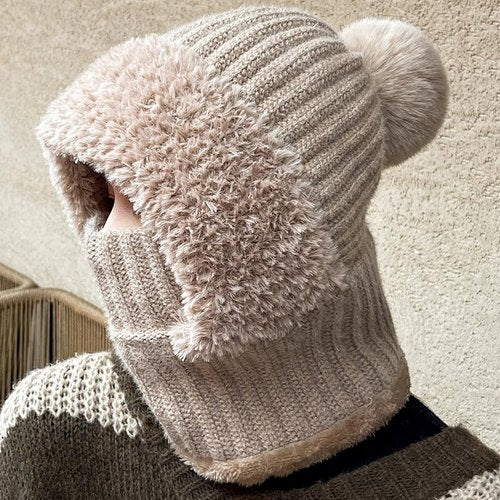 3 in 1 Beanie Hat for Women, 3 in 1 Beanie Hat with Scarf and Mask,Warm Winter Pom Hat for Cold Weather (Khaki)