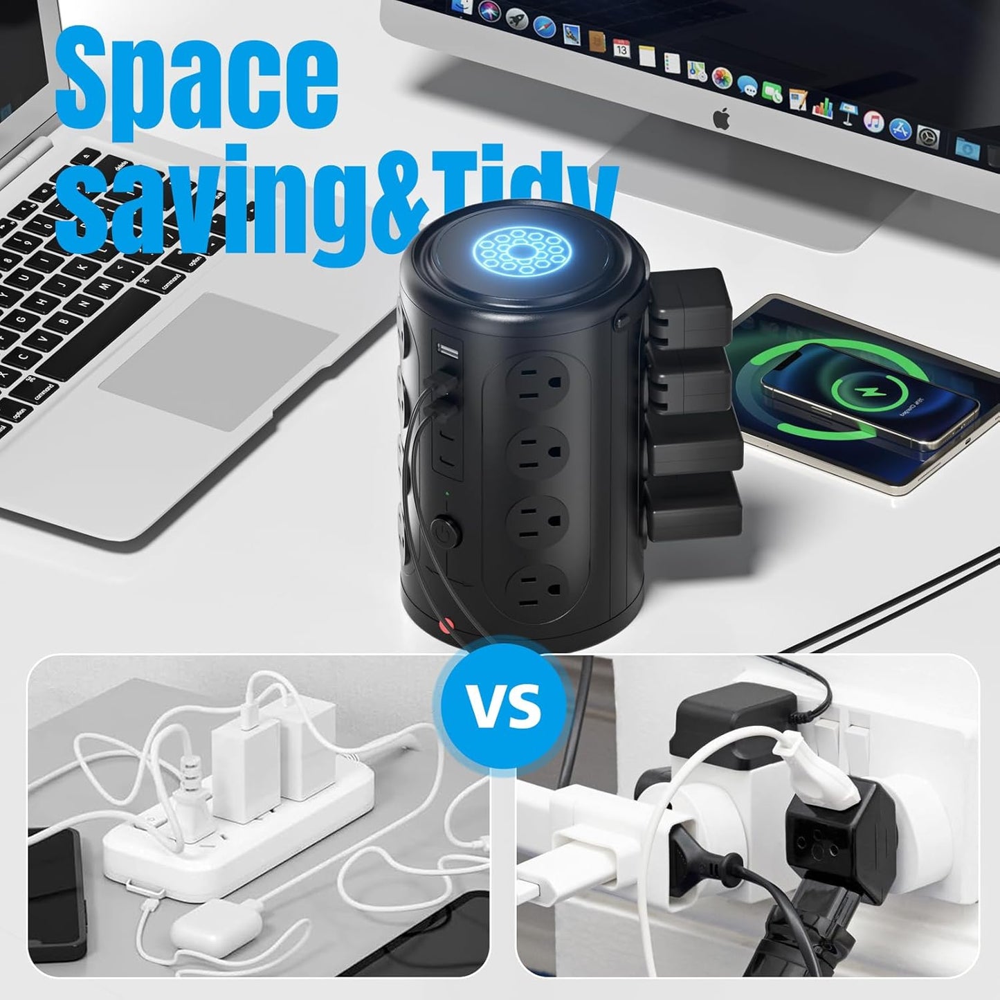 15W Wireless Charging Surge Protector Power Strip with 16 AC Outlets & 5 USB Ports - Desk Charging Station for Home, Office & Dorm Room (10FT)