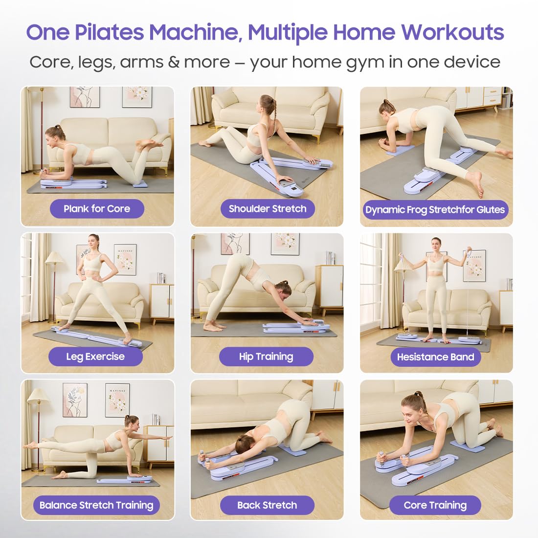 Pilates Reformer Board, Foldable Pilates Machine with Resistance Bands & Rebound System, Full Body Workout Equipment for Women at Home, Core Trainer for Abs, Glutes, Legs and Push-Ups, Timer Display
