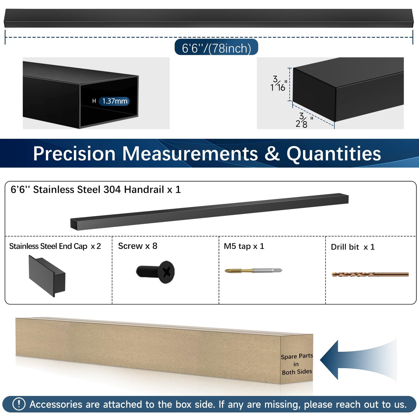 Gyykzz 6'6" Stainless Steel T304 Handrail Black with Metal End Caps, 1 Pack Rectangular Cable Railing Handrail Flat Deck Top Rail for Indoor Outdoor Deck Stair Cable Railing System