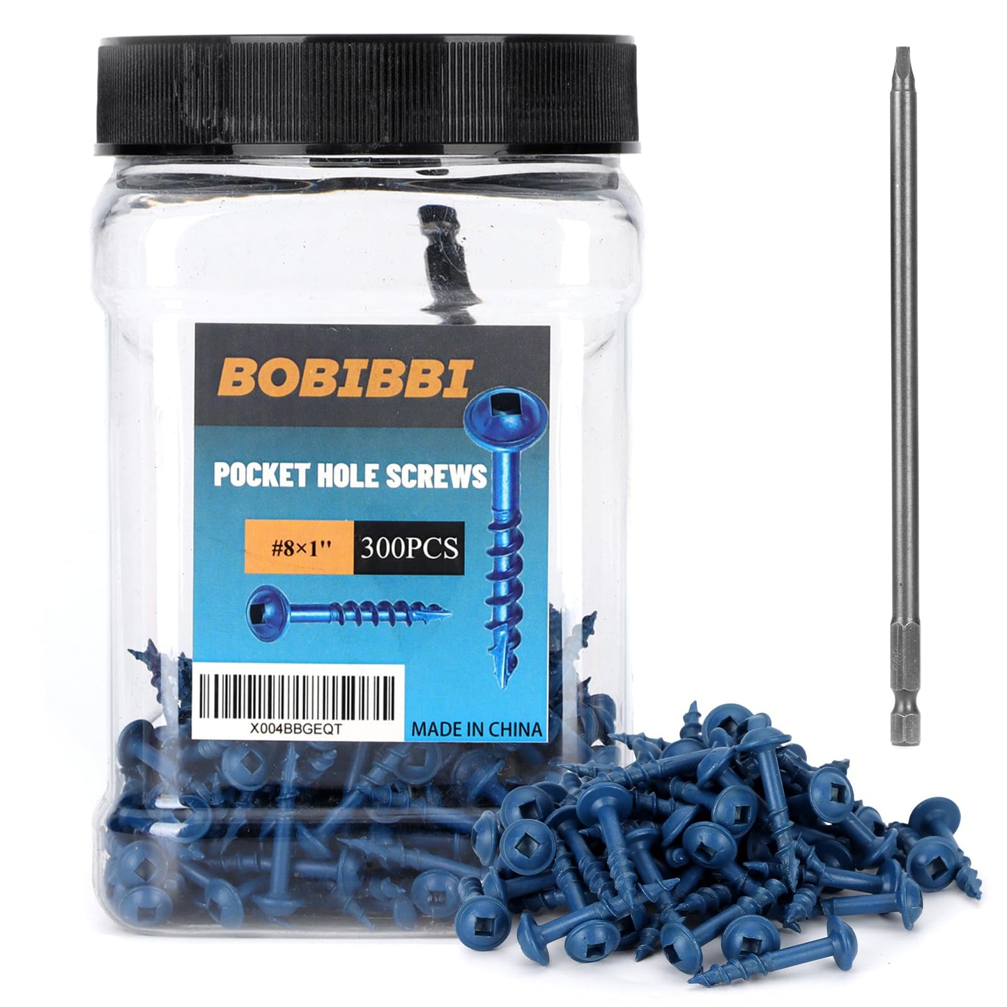 Bobibbi Pocket Hole Screws #8x1, Coarse Thread Wood Screws 300Pcs, Washer Head with Square Drive, 150MM Drive Bit Included