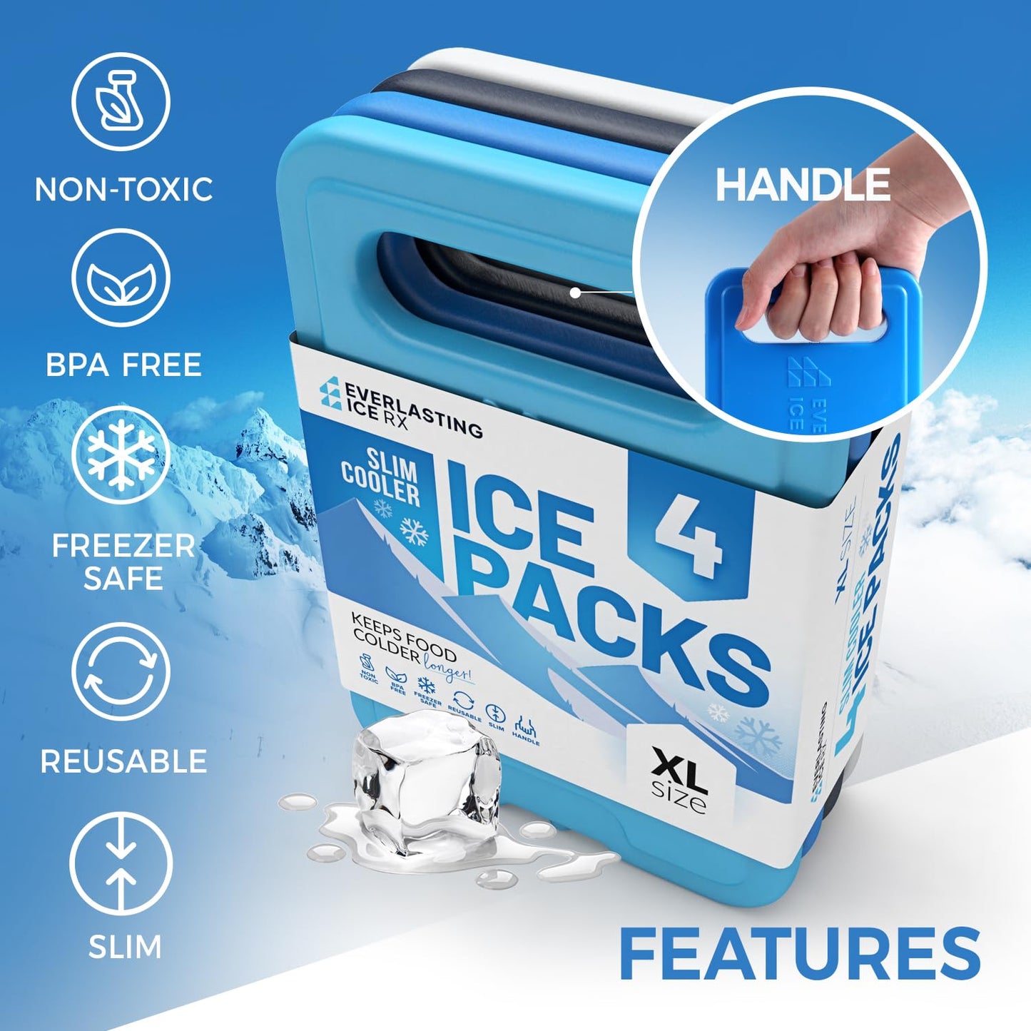 Reusable XL Slim Ice Packs for Lunch Boxes with Handle (4 Pack) BPA Free Freezer Packs | 6.5 x 4.5 in | Long Lasting Ice Pack for Insulated Bags, Picnic, Travel, and More