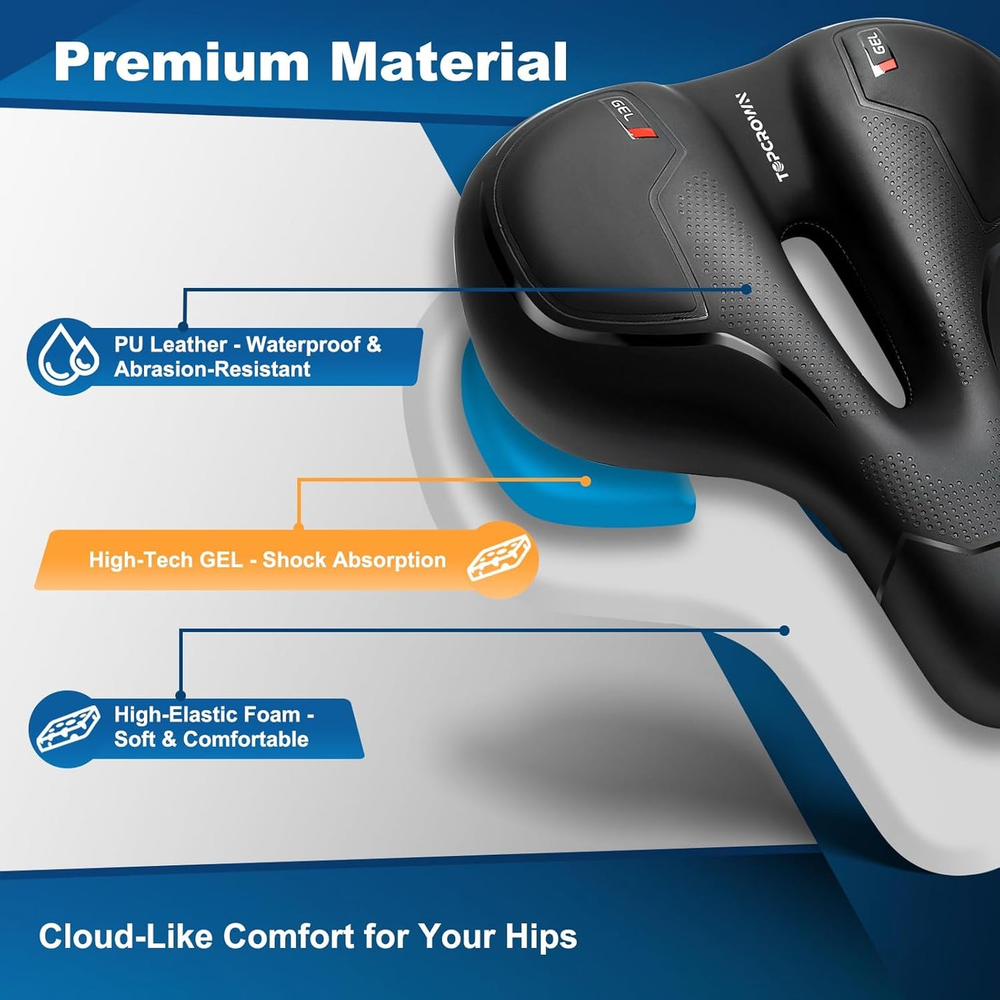 Topcrown Bike Seat - Comfort Wide Bicycle Saddle with Waterproof Design & Memory Foam Cushion | Ideal for Mountain, Road, and Exercise Bikes