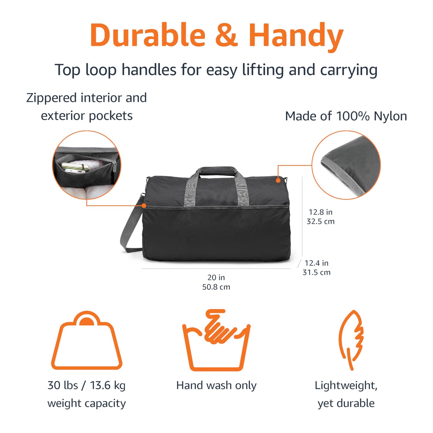 Amazon Essentials Lightweight 20-inch Duffel Bag for Travel with 30 lb Weight Capacity, Zippered Pockets, Collapsible Design, Black