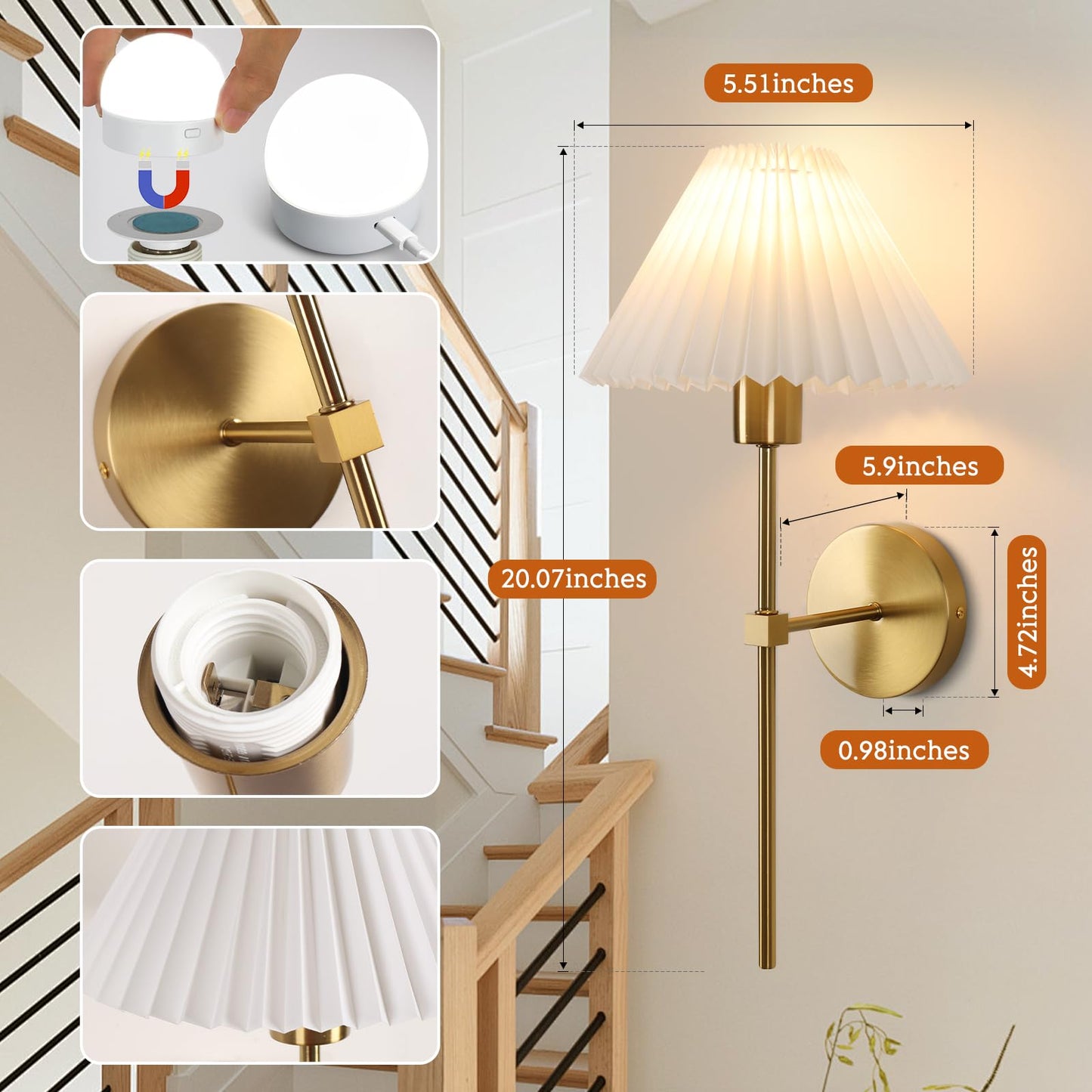 Wireless Wall Sconce Sets of 2, Pleated Shades Rechargeable Battery Operated Wall Sconce, Retro Industrial Gold Wall Lights Bathroom Vanity Sconces, Wall Mounted Lamps for Bedroom Living Room Kitchen