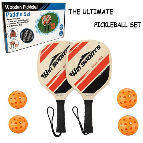 Wooden Pickleball Paddles Set 2 - Win SPORTS Beginner Racket,Pickle Ball Paddles with 2 Paddles,4 Balls and 1 Carry Bag,Durable and Classic (Wooden Version)