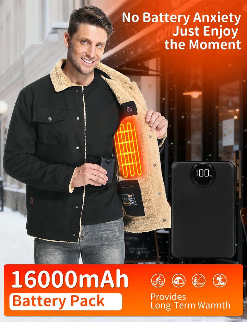 Vokora Mens Heated Jacket Fleece Coat With 16000mAh Battery Pack, Heated Jackets for Men Winter Outdoor, 6 Heating Zones, 3 Heating Levels