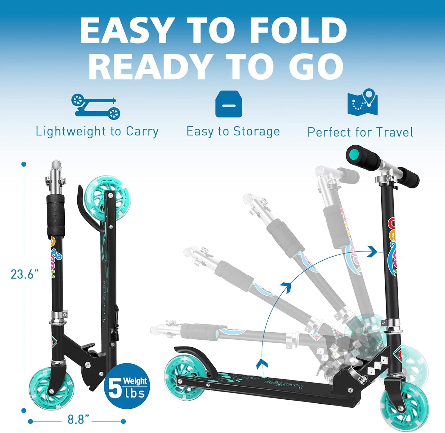BELEEV V1 Kick Scooter for Kids - 2 Wheel Folding Design with Adjustable Height & Light Up Wheels | Ages 3-12