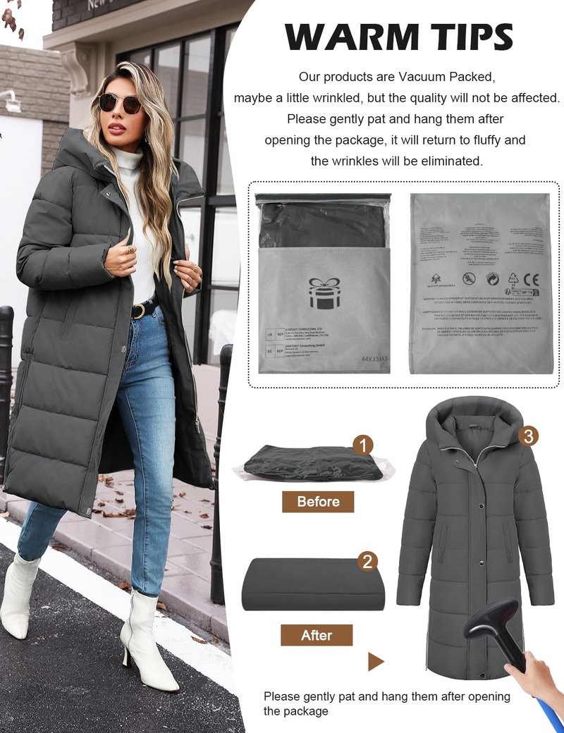 VXVGER Winter Coats for Women-Puffer Jacket Hooded Warm Winter Long Coat Thickened Down Alternative Jacket Outwear, Dark Gray, XL