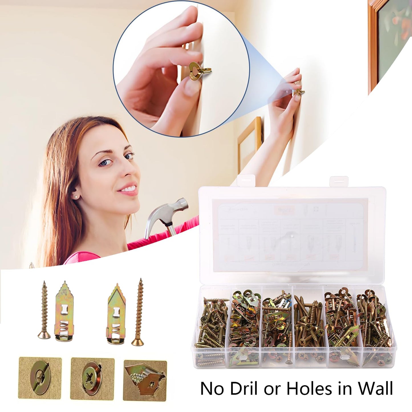 FNLGTN Self-Drilling Drywall Anchors and Screws Kit, 100 Pieces, 50 Metal Anchors & 50 Screws, No-Drill Installation (100pcs 0.47X1.18)