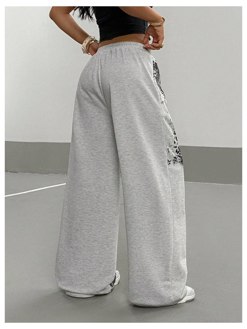 Verdusa Women's Y2k Goth Leopard Print Baggy Sweatpants Elastic Waist Wide Leg Long Pants Light Grey Small
