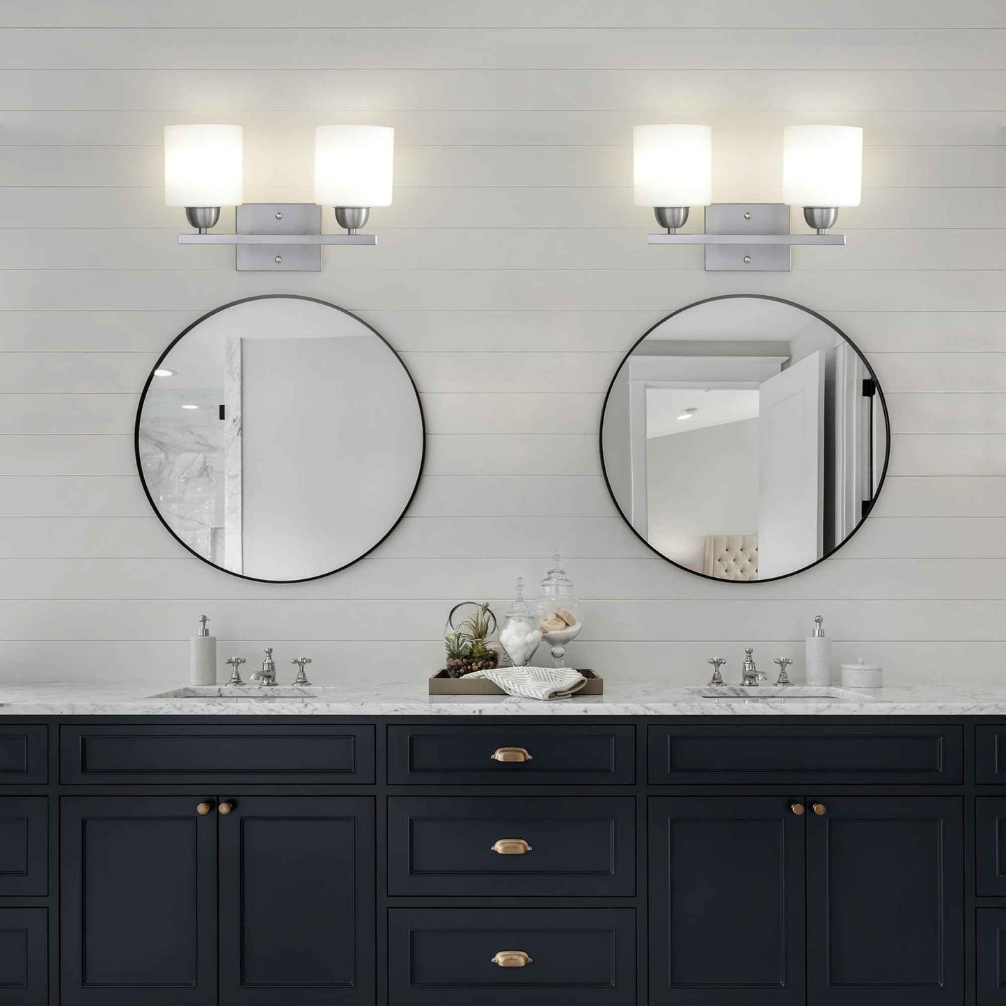 Mecgirn Stainless Steel Milk Glass Vanity Lights for Bathroom, 2 Light Brushed Nickel Bathroom Light Fixtures Over Mirror, Ceramic E26 Sockets Wall Mounted