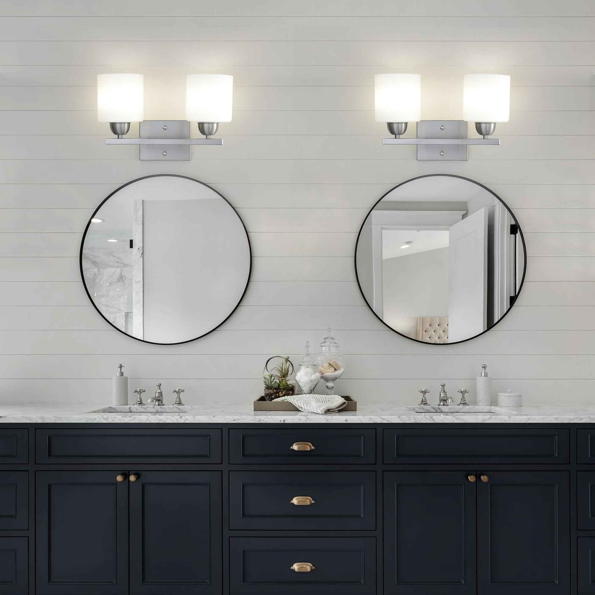 Mecgirn Stainless Steel Milk Glass Vanity Lights for Bathroom, 2 Light Brushed Nickel Bathroom Light Fixtures Over Mirror, Ceramic E26 Sockets Wall Mounted