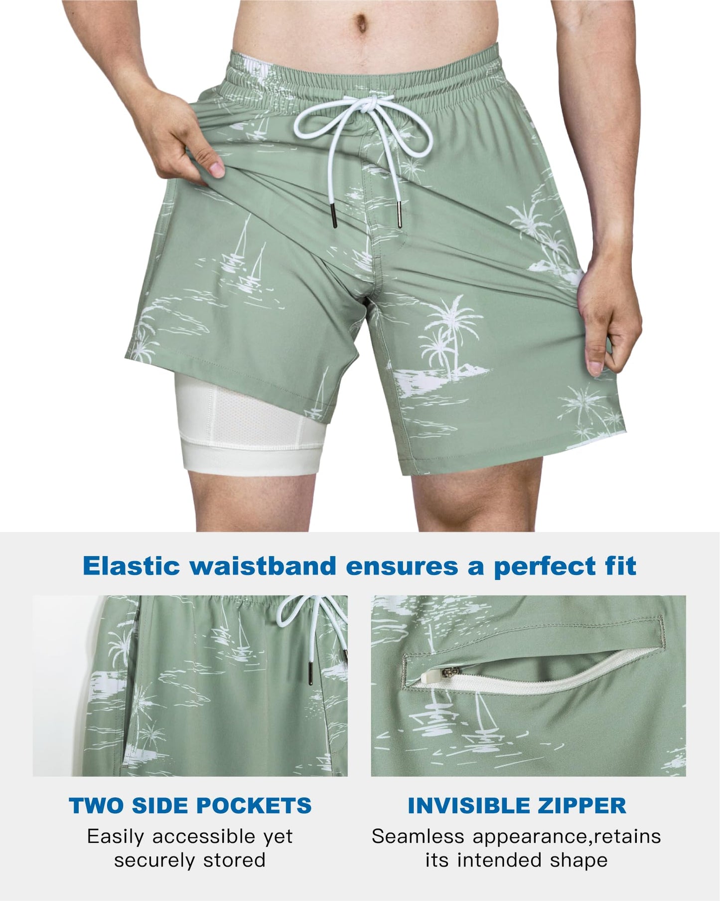 SURF CUZ Mens Swim Trunks with Compression Liner Quick Dry Swim Shorts 7" Swimming Trunks Stretch Bathing Suit 7 Inch,Coconut Island,XS