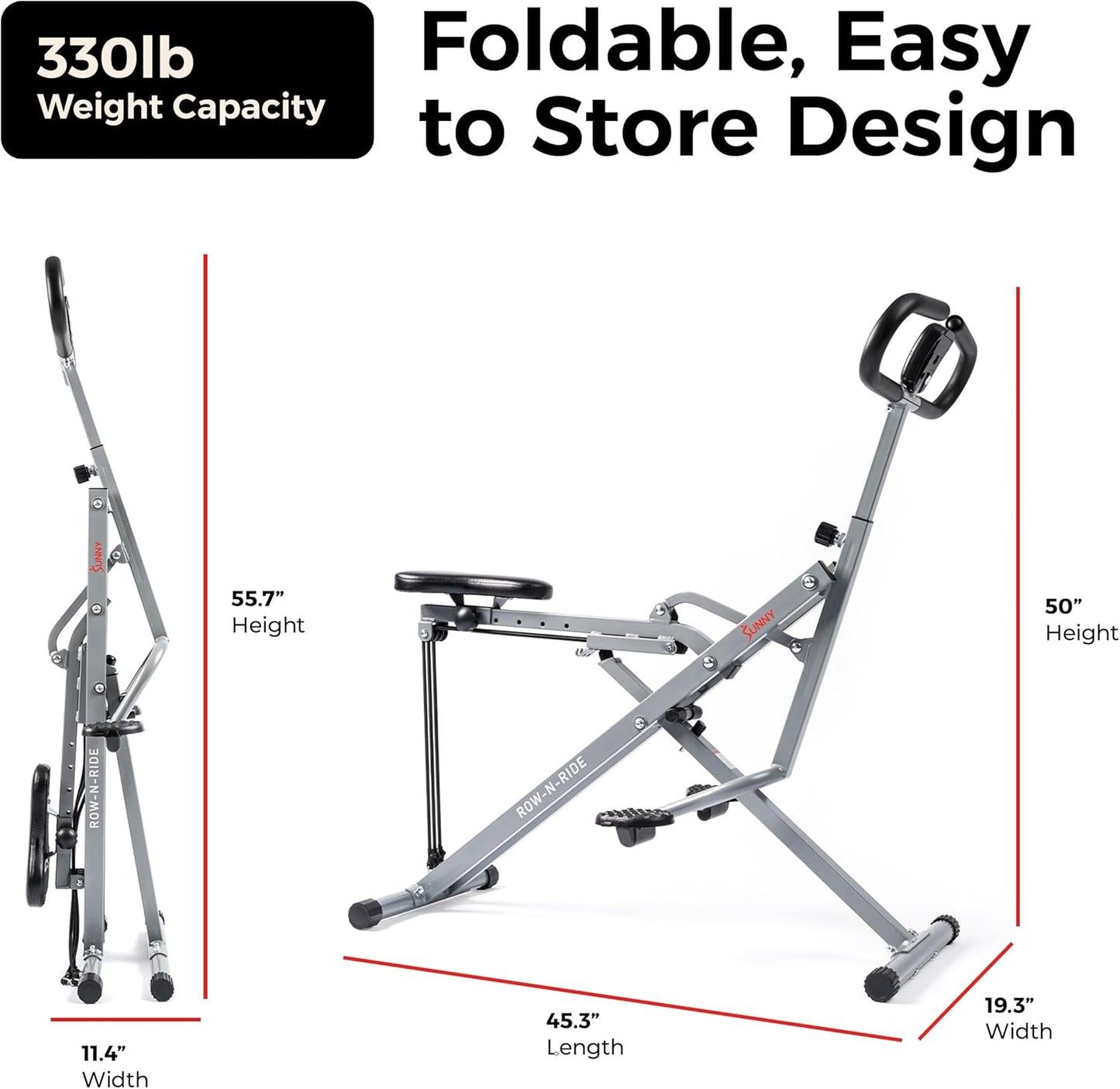 Sunny Health & Fitness Smart Row-N-Ride | Foldable Glute & Leg Trainer with SunnyFit App Integration