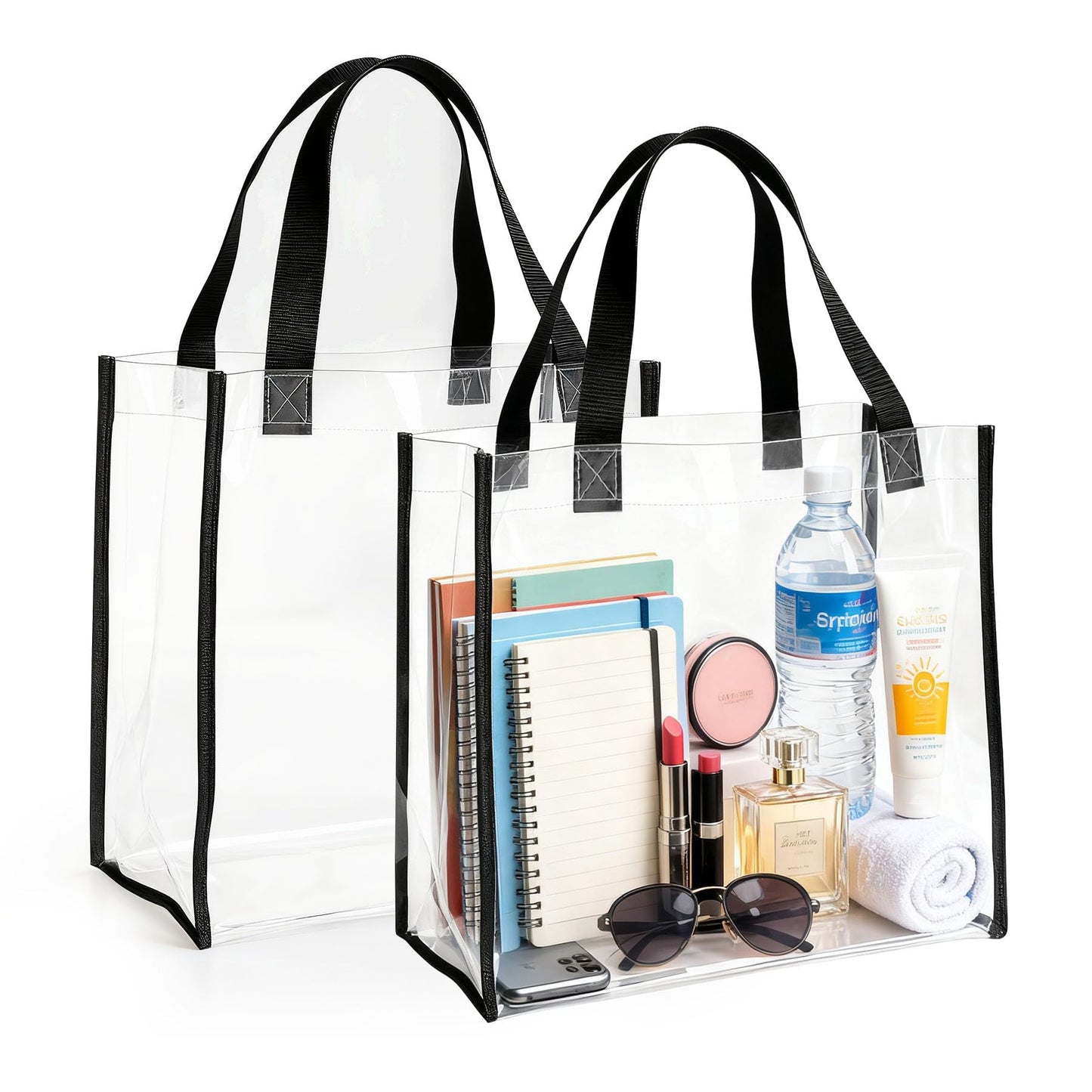 Framendino, 2 Pack Clear PVC Plastic Tote Bag Stadium Approved 12 x 6 x 12With Handles for Work Gym Beach Sports