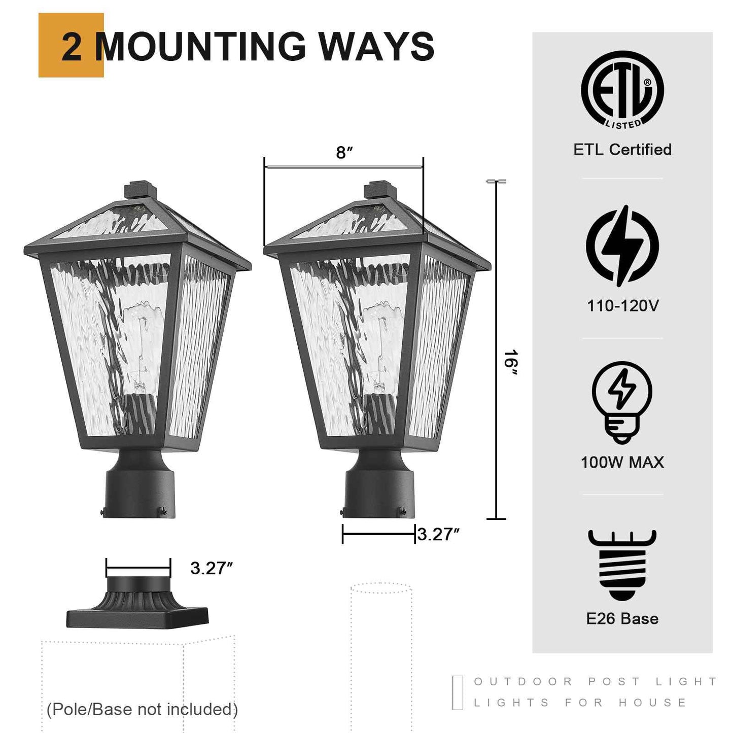 Luminzone Outdoor Post Lights with Water Ripple Glass, Modern Waterproof and Anti-Rust Aluminum Pillar Outside Lighting for Garden, Driveway, Patio, Porch, Garage, Black, Medium