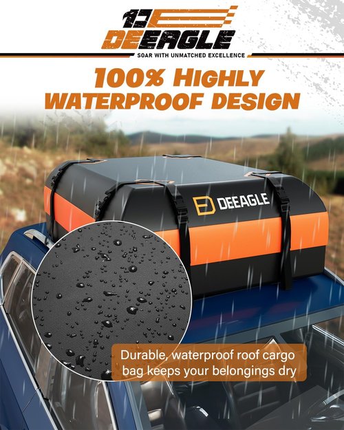 DEEAGLE Rooftop Cargo Carrier - 15 Cubic Feet Waterproof Soft Bag for Vehicles Without Roof Rack | Includes Non-Slip Mat & 8 Straps