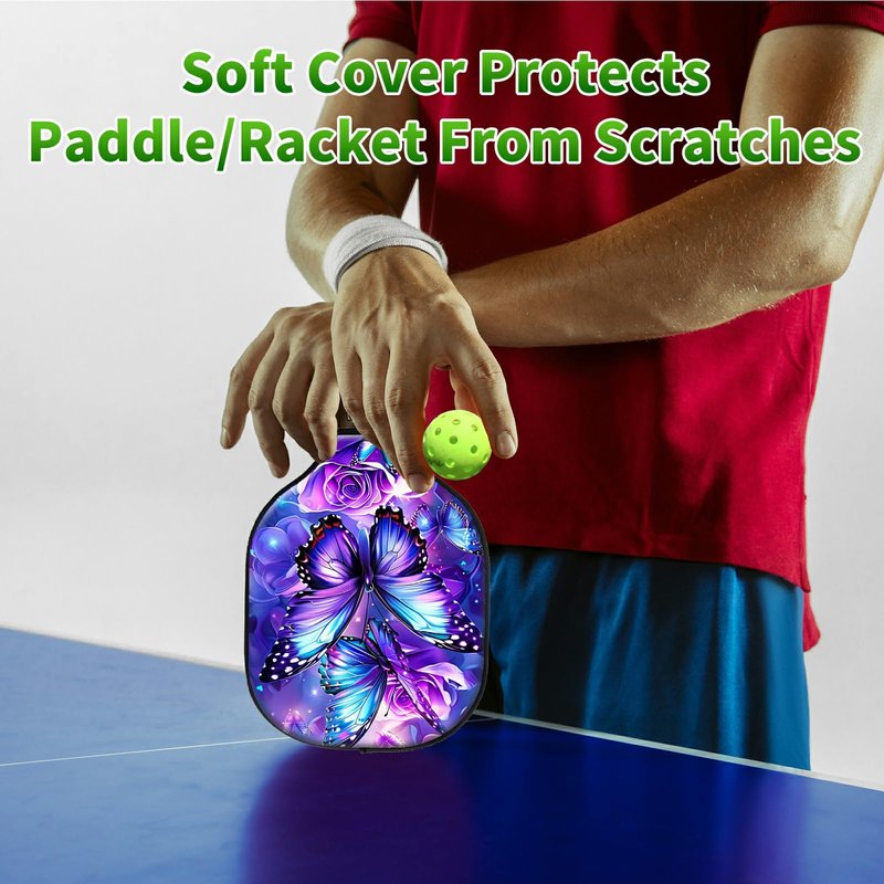 RWUTYTIUL Purple Butterfly Flower Pickle Ball Paddle Cover, Neoprene Pickleball Paddle Sleeve with Zippered Racket, Universal Paddle Storage Bag Size 8.66" x 11.4", Pickleball Paddle Case for Women